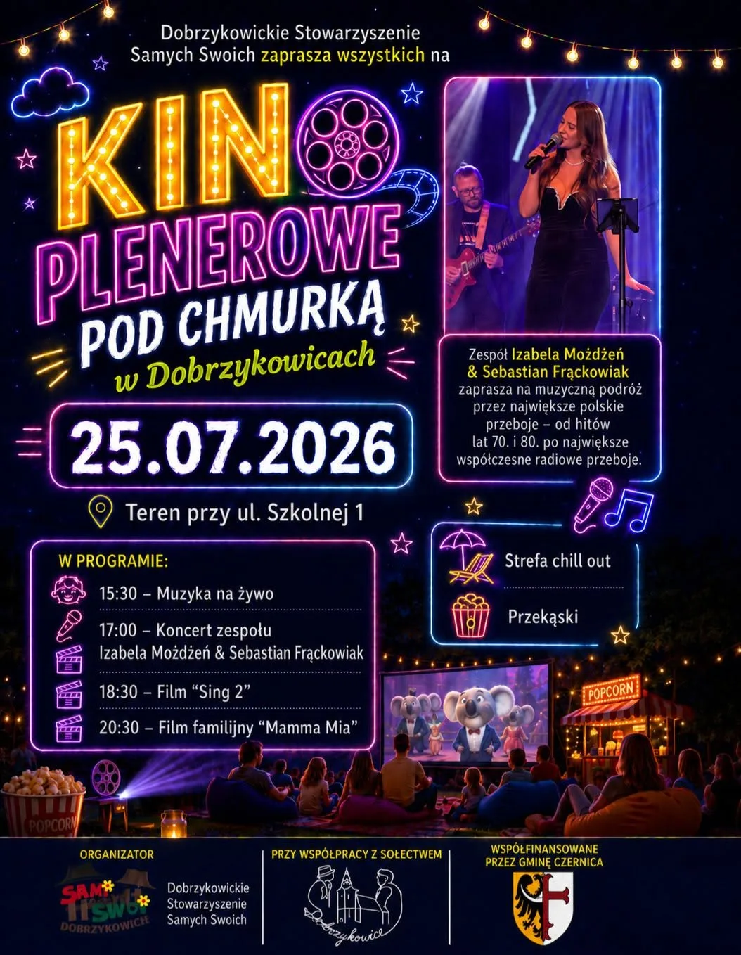 Archiwalny plakat kina plenerowego: 25 lipca 2026, Szkolna 1, koncert oraz filmy Sing 2 i Mamma Mia.