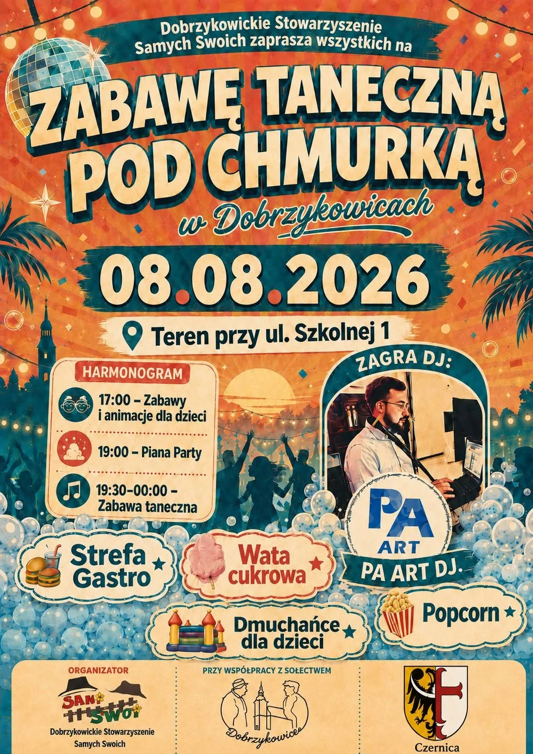 Archiwalny plakat zabawy pod chmurką 8 sierpnia 2026 r. w Dobrzykowicach.